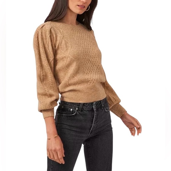 1. State Sweaters - 1. State Variegated Cable Crew-Neck Puff Sleeve Fisherman Brown Sweater Sz XS